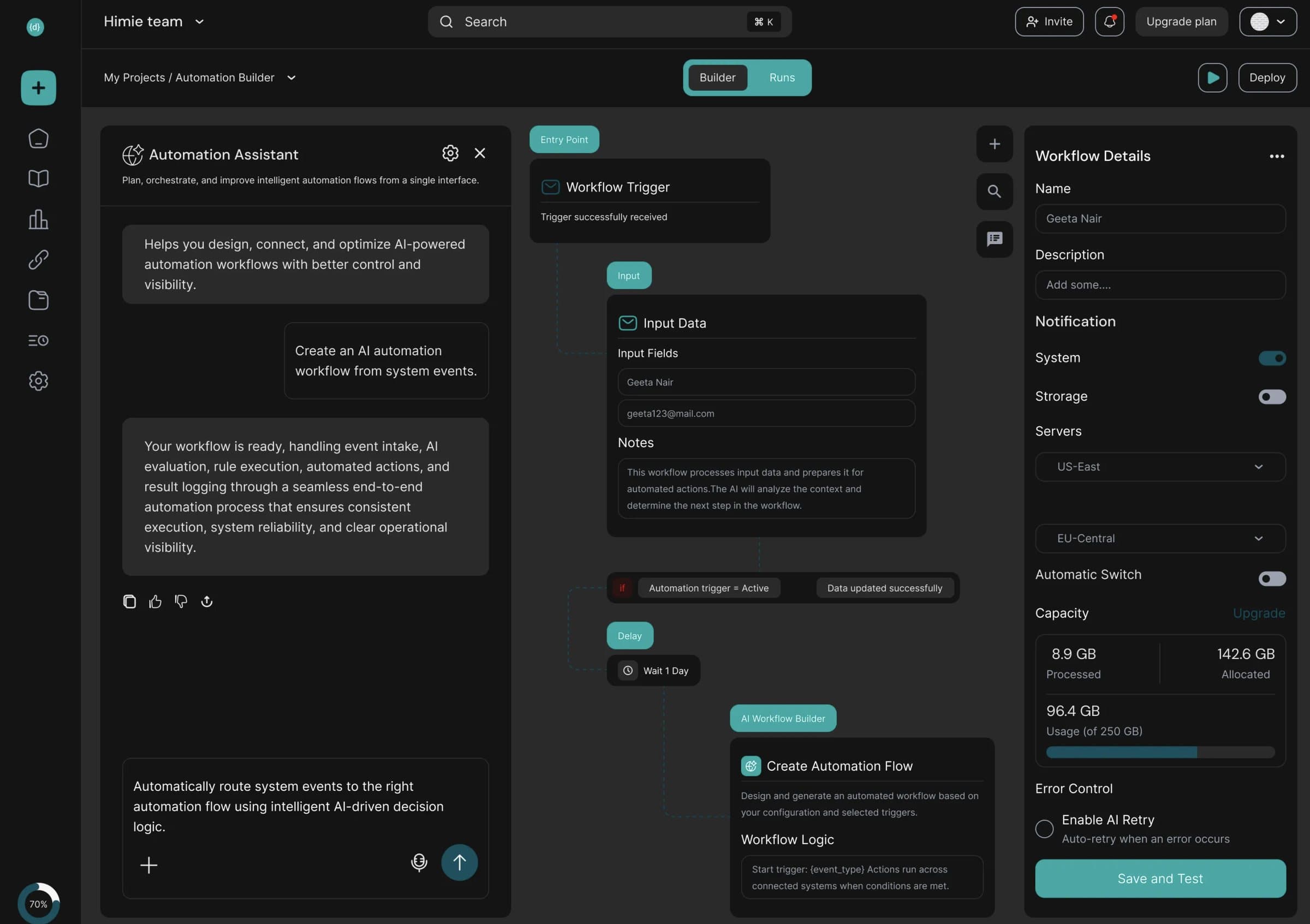 Dark automation builder: an AI assistant chat on the left, a workflow of triggers and steps in the middle, workflow settings on the right.