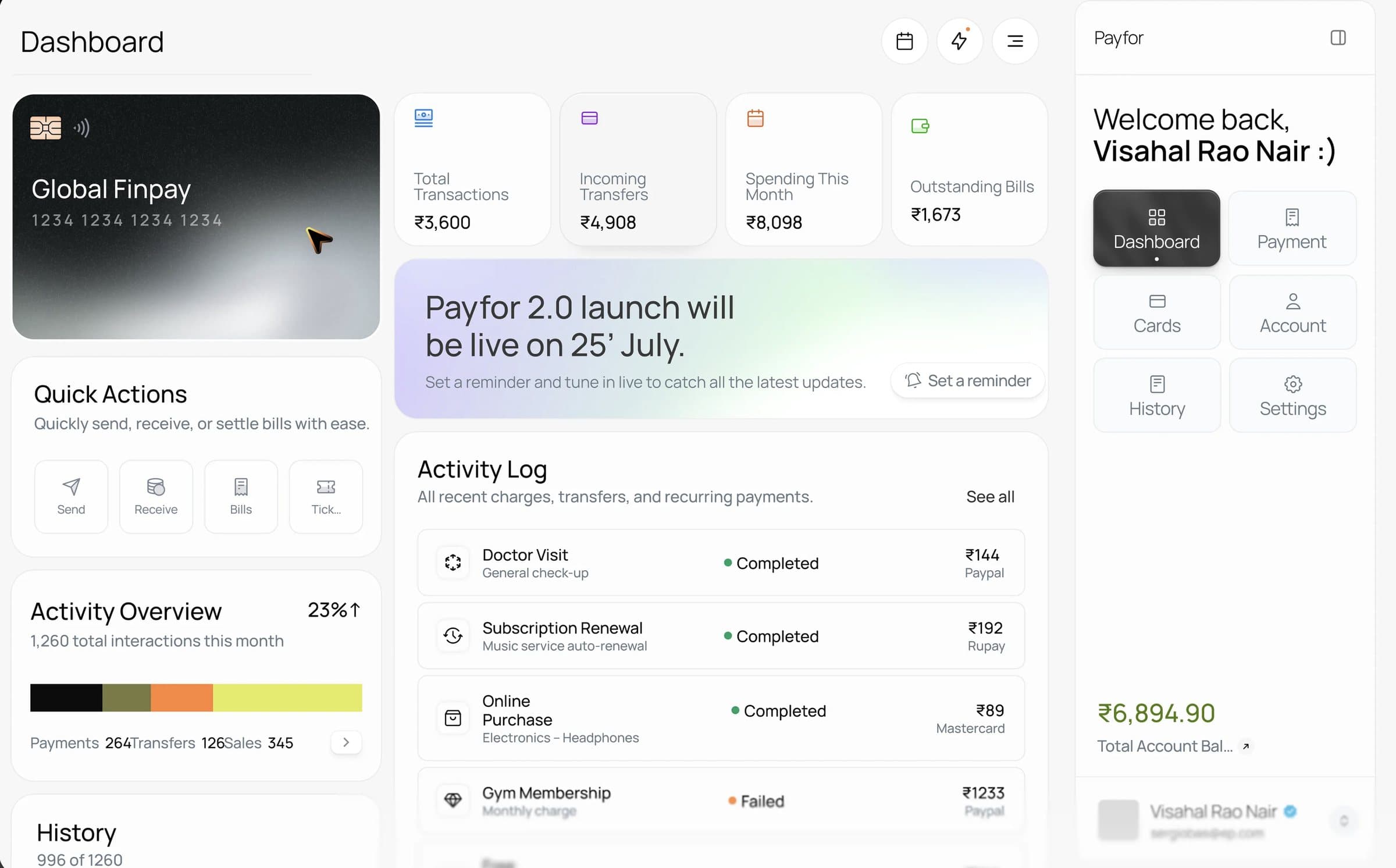 Payfor dashboard with a payment card, transaction totals, quick actions and an activity log.