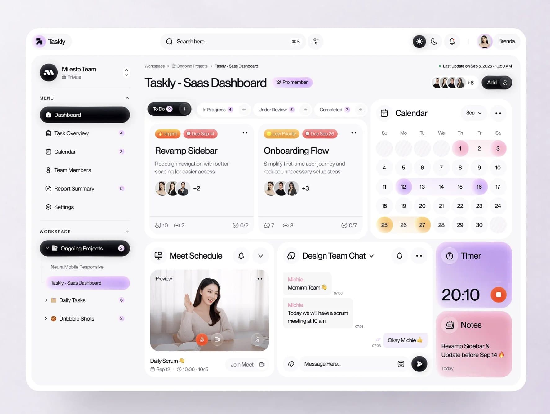 Taskly workspace with task cards, a calendar, a meeting preview, team chat, a timer and notes.