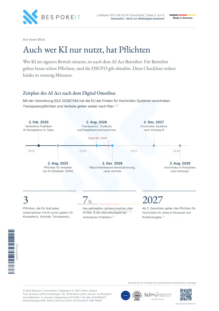 Seite 2 des Leitfadens KI im Unternehmen: AI Act und DSGVO Checkliste 2026