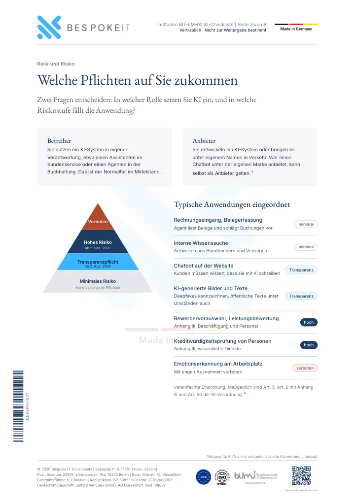 Seite 3 des Leitfadens KI im Unternehmen: AI Act und DSGVO Checkliste 2026