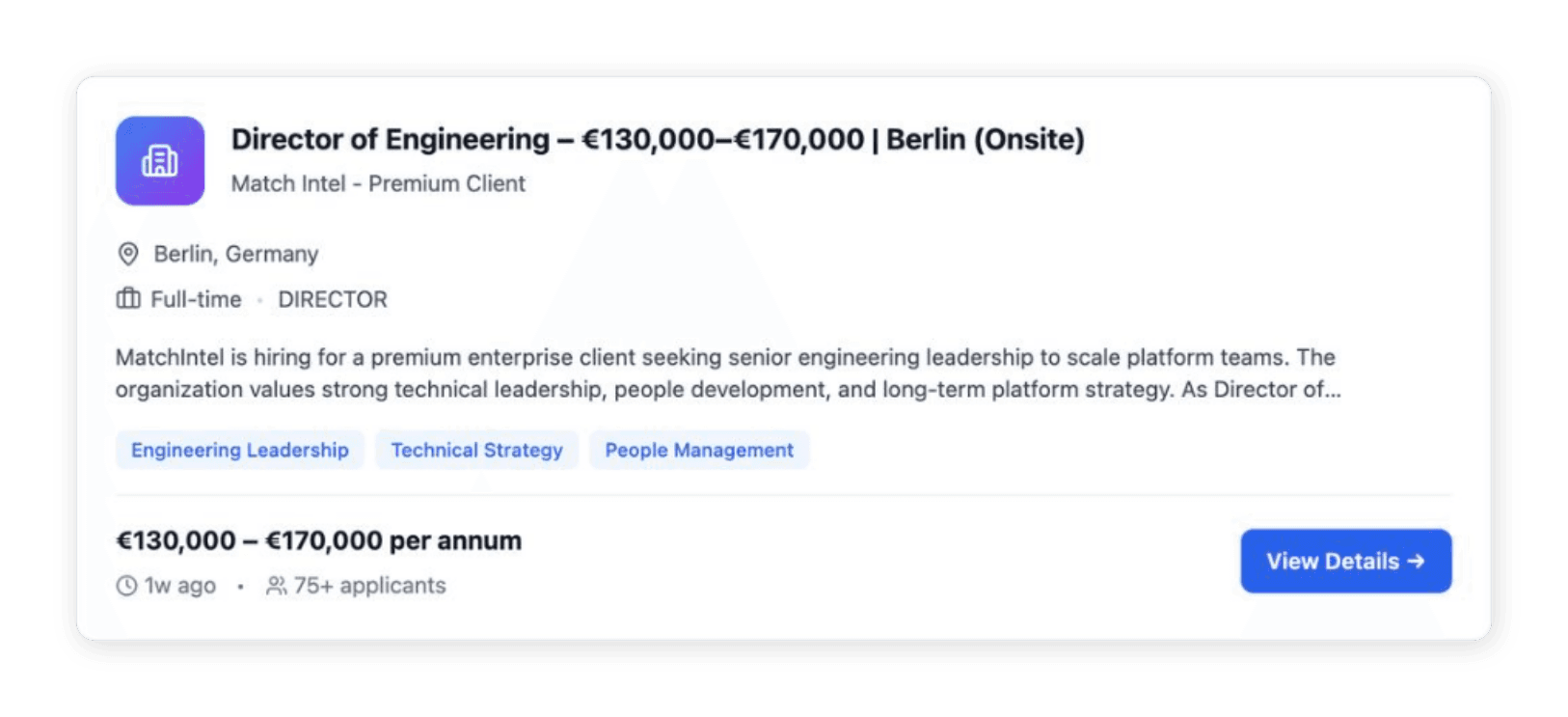 A Match Intel job card with location, employment type, skills and salary range