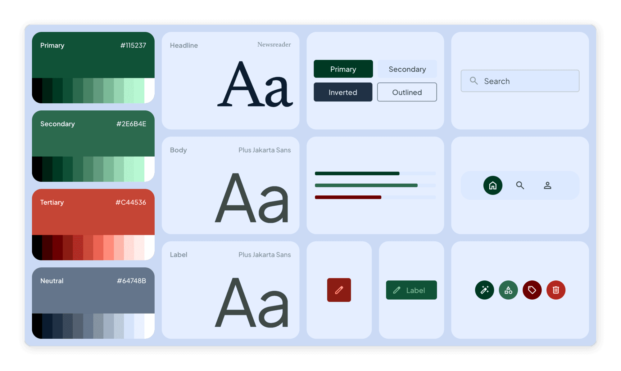 The Novaia Home design system board with colour palettes, type samples, buttons and icons