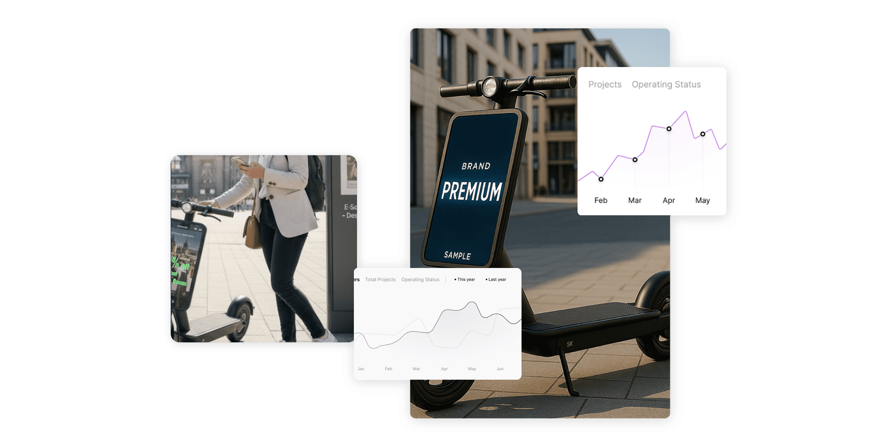 A SparkDrive e-scooter with an LED ad panel and analytics cards, beside a rider using the app