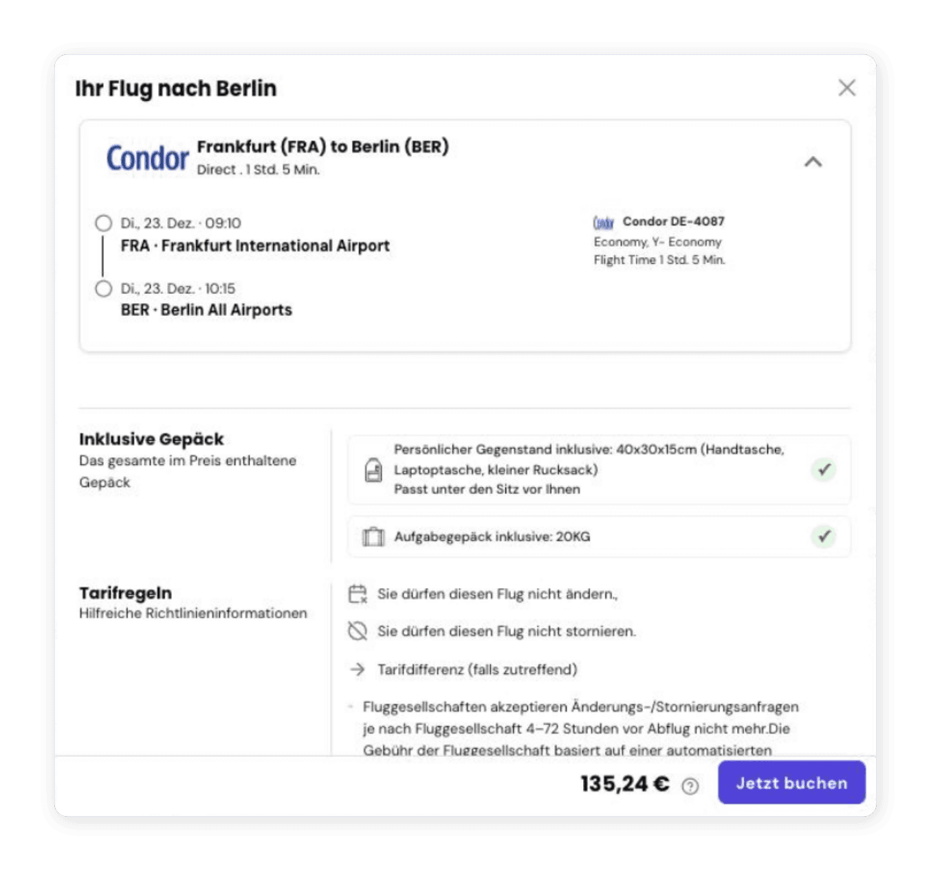 Valhalla fare details with the flight, included baggage and fare rules