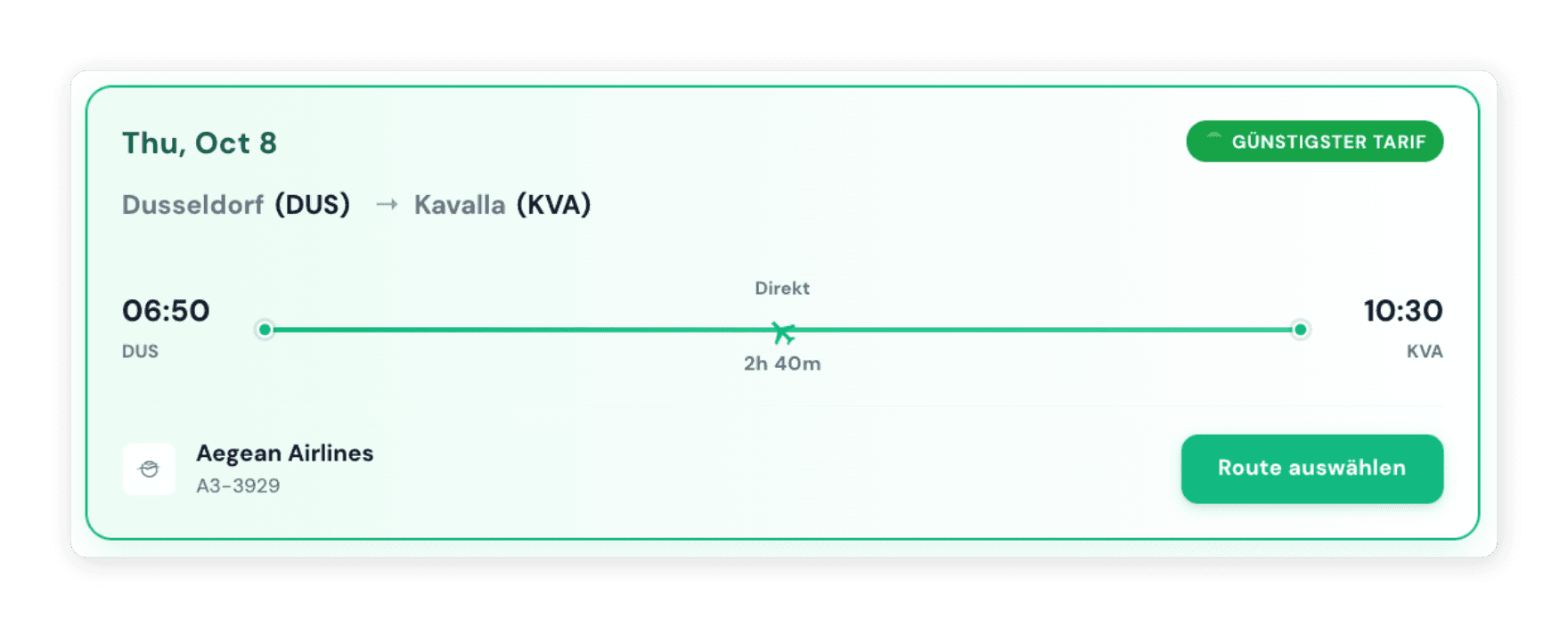 A Zeitgeist route card with departure and arrival times, flight duration and airline