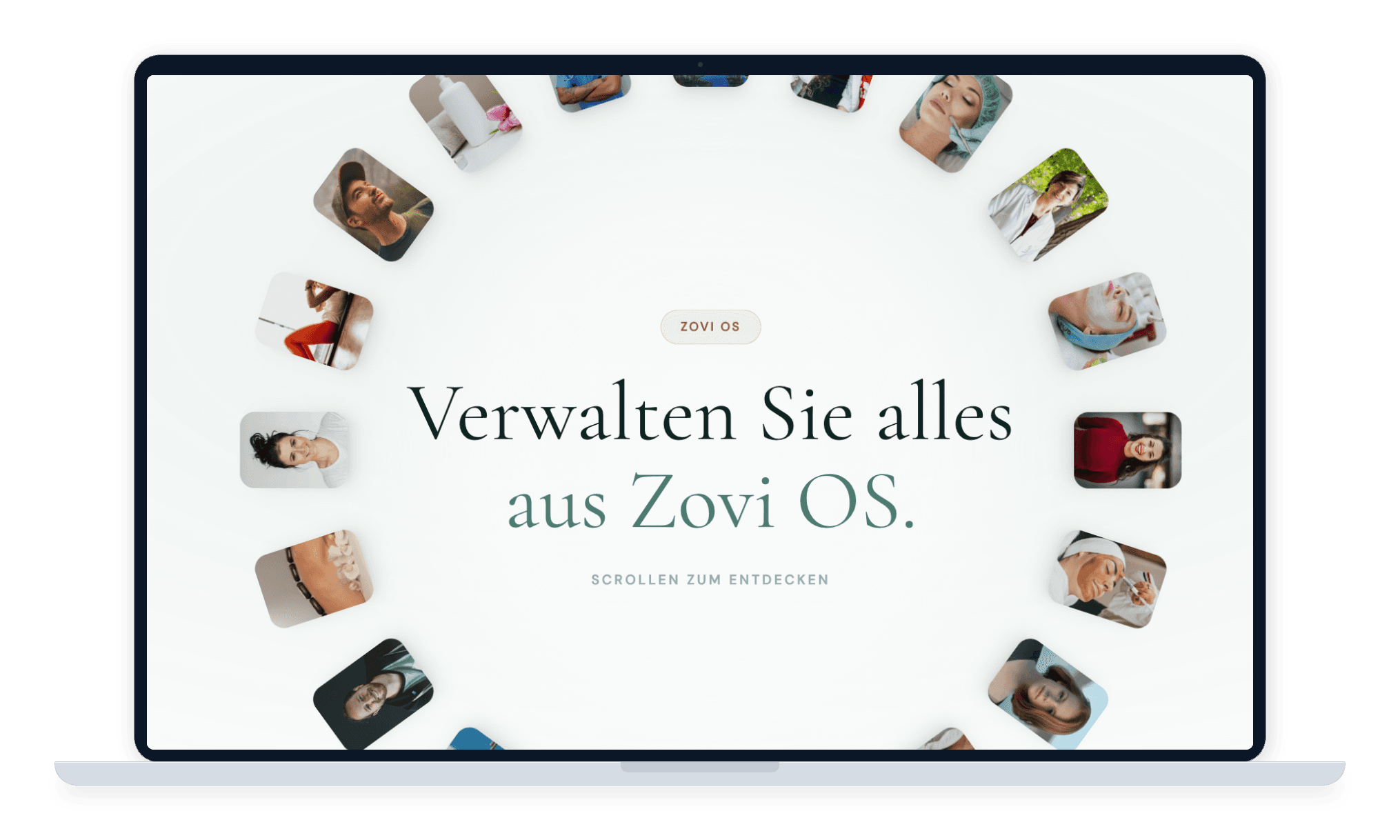 The Zovi OS website hero with treatment photos arranged in a ring around the headline