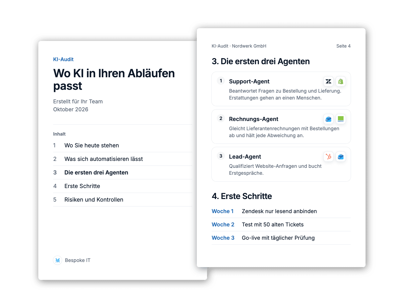 Two pages of a sample written AI audit: the cover with its contents, and a page naming the three agents to build first and the first steps