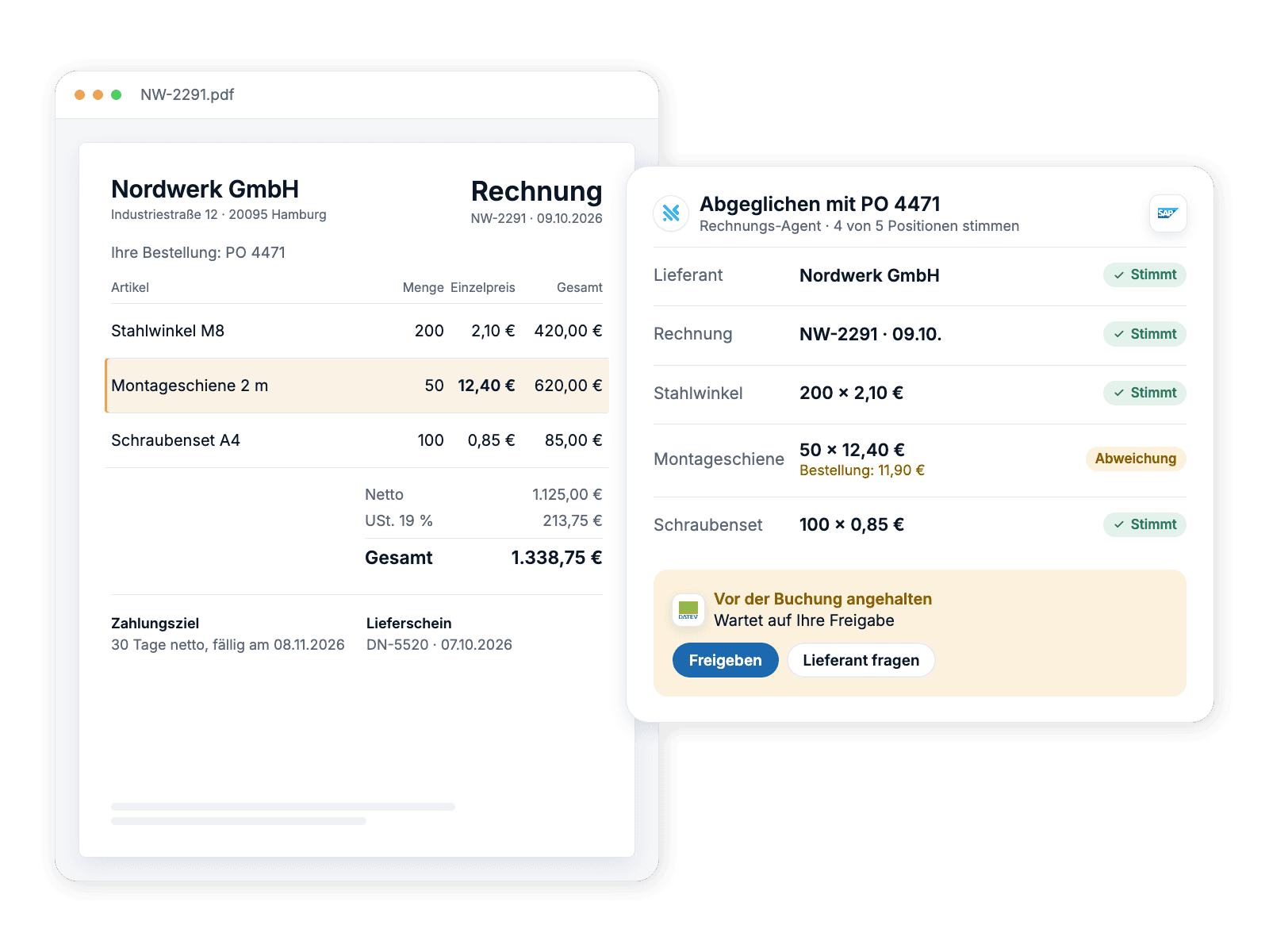 A supplier invoice beside its fields matched to the purchase order, with one price that differs held for approval before posting to DATEV