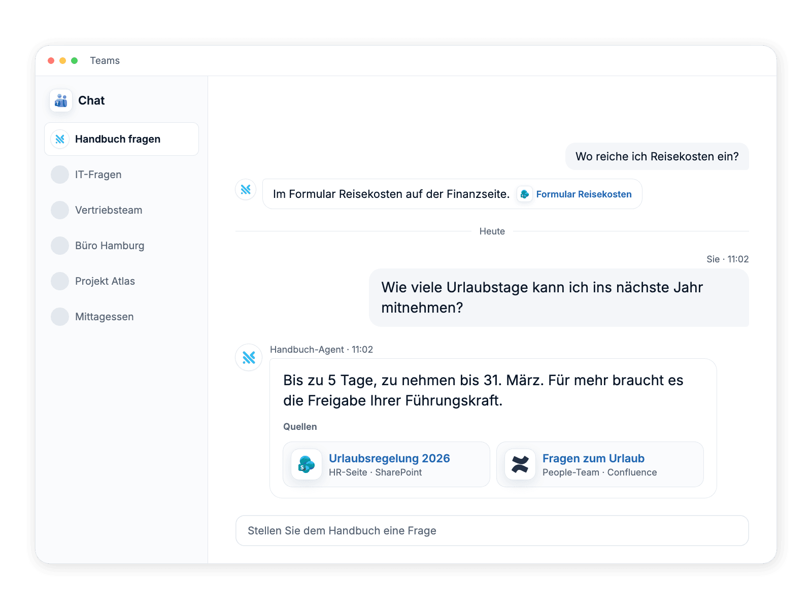 A staff question in Microsoft Teams answered in two lines with links to the source pages in SharePoint and Confluence