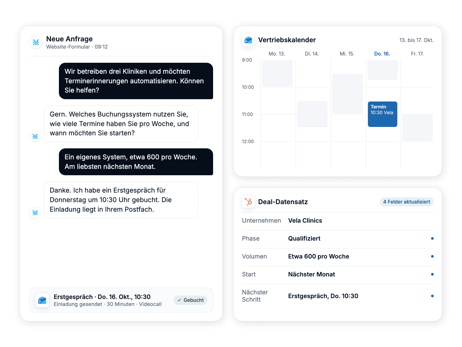 An inbound enquiry with the agent's qualifying questions, the intro call it booked in the Outlook sales calendar and the updated HubSpot deal record