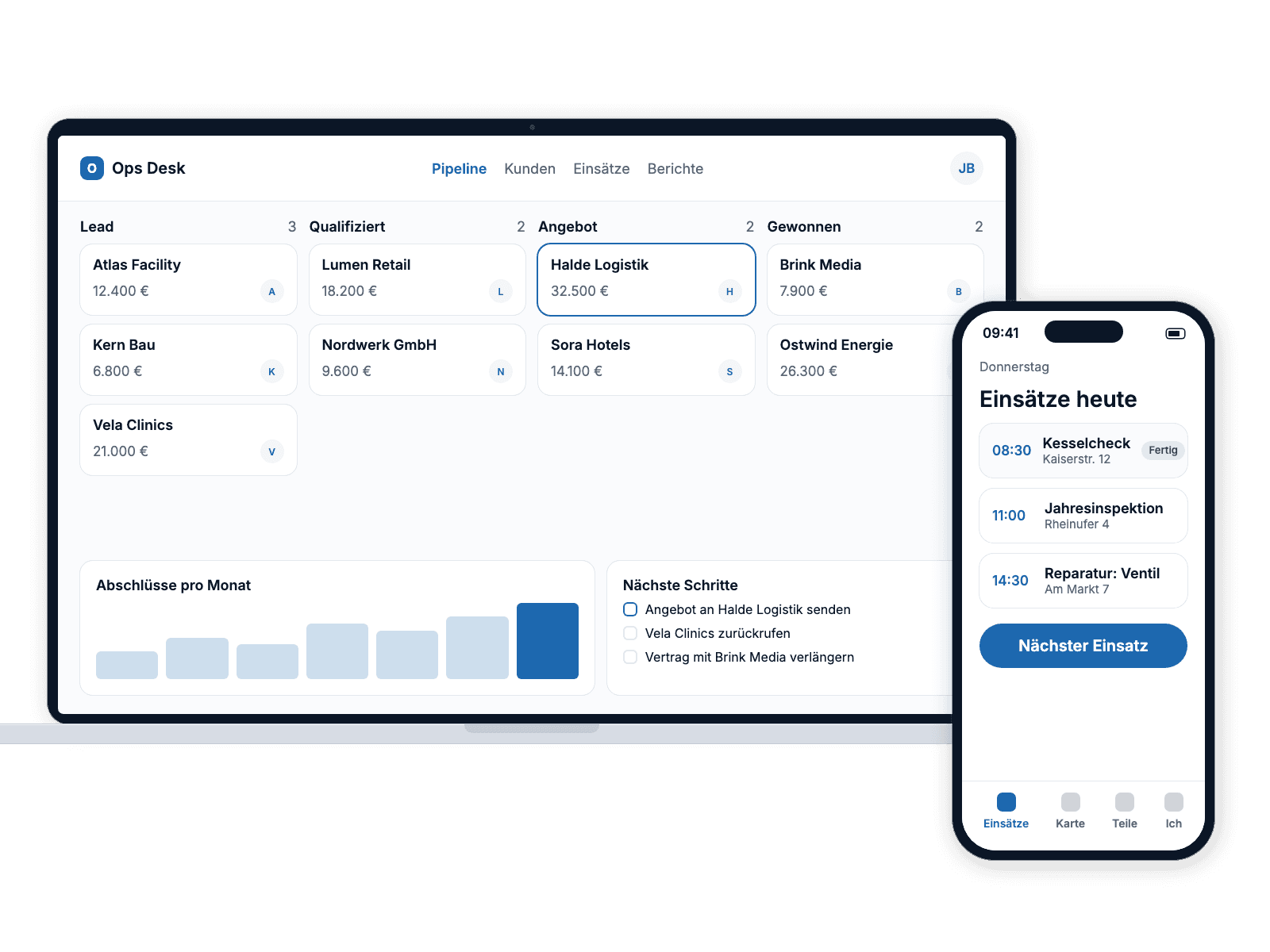 An internal sales pipeline tool on a laptop with deals in four stages, and a field staff app listing today's jobs on a phone