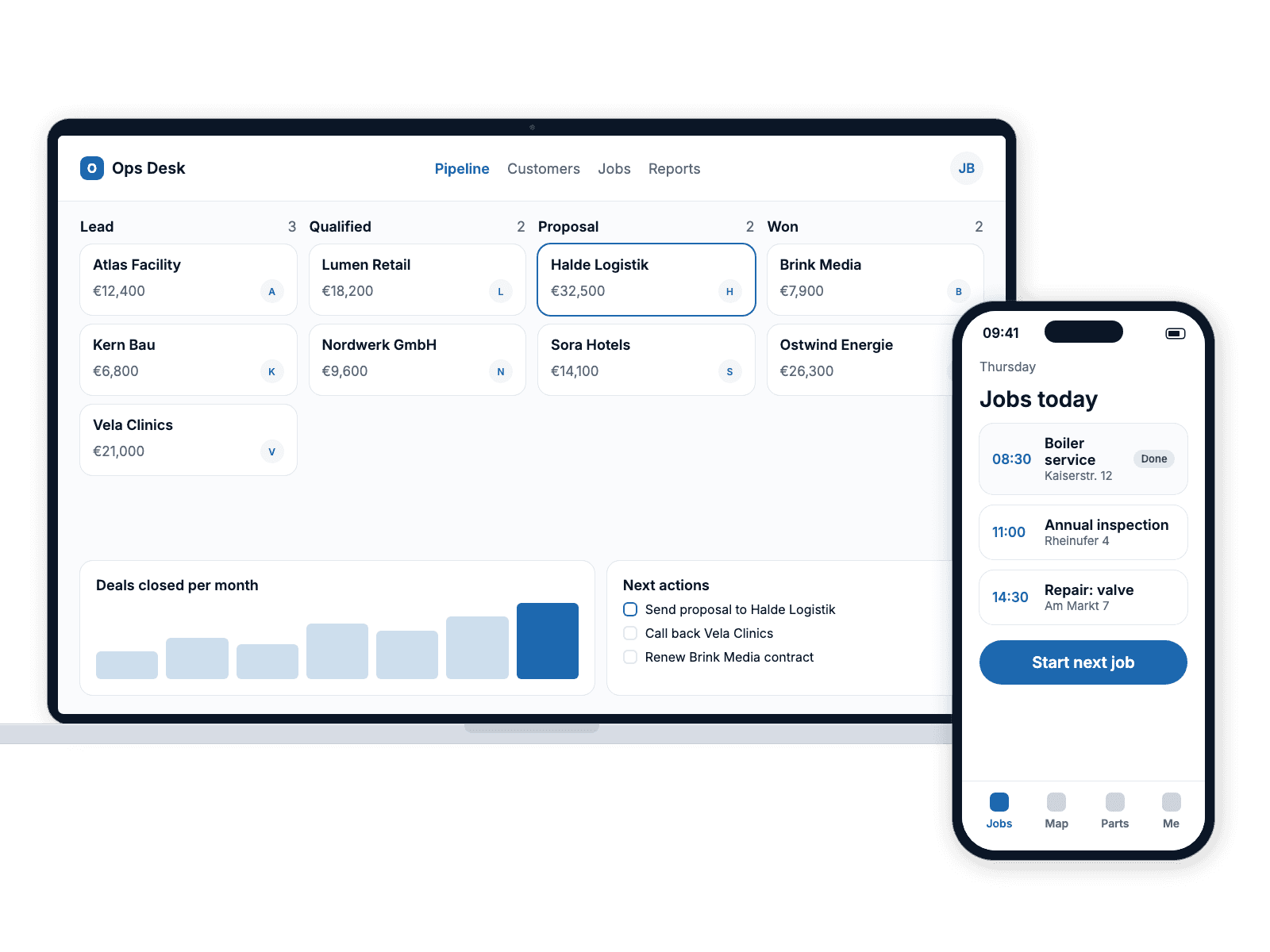An internal sales pipeline tool on a laptop with deals in four stages, and a field staff app listing today's jobs on a phone