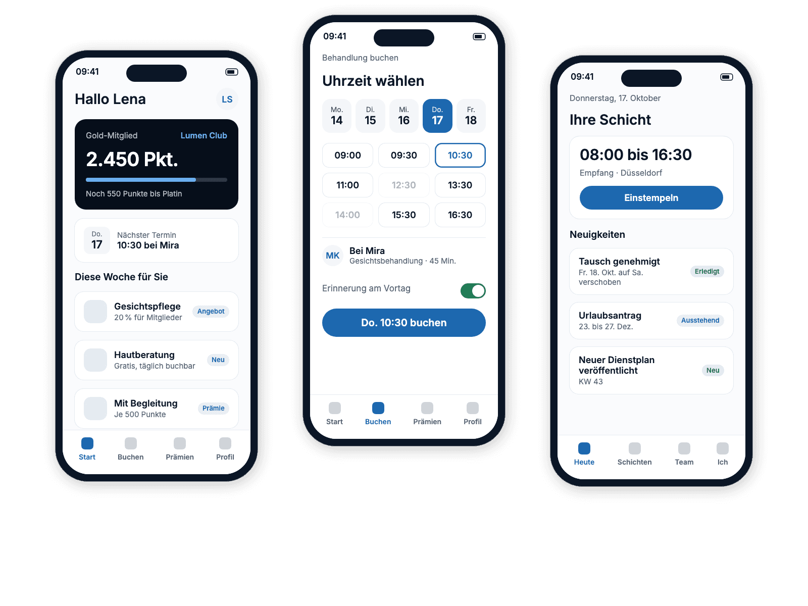 Three phone screens from business apps: a membership card with points and offers, booking a treatment slot, and a staff shift with updates