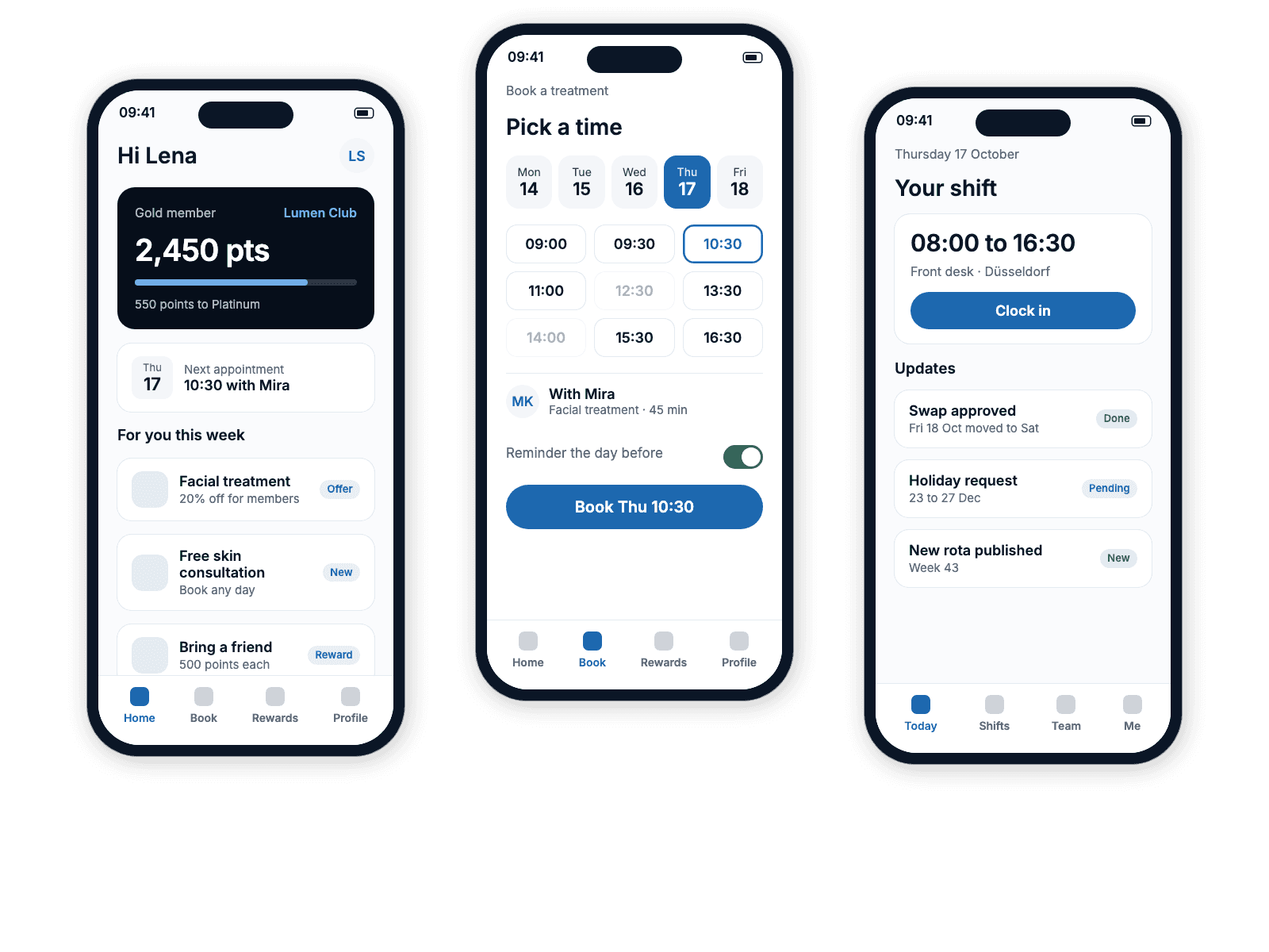 Three phone screens from business apps: a membership card with points and offers, booking a treatment slot, and a staff shift with updates