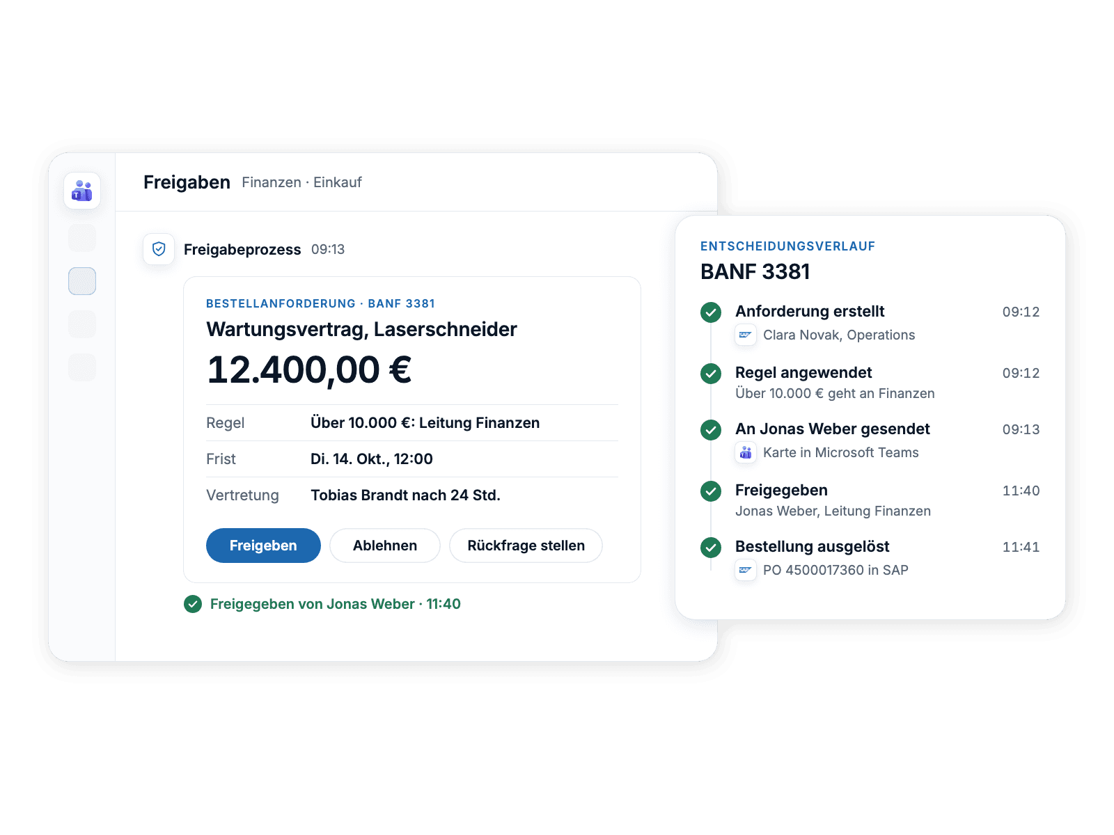 A purchase approval card in Microsoft Teams showing amount, rule, deadline and deputy, with the logged decision trail beside it.