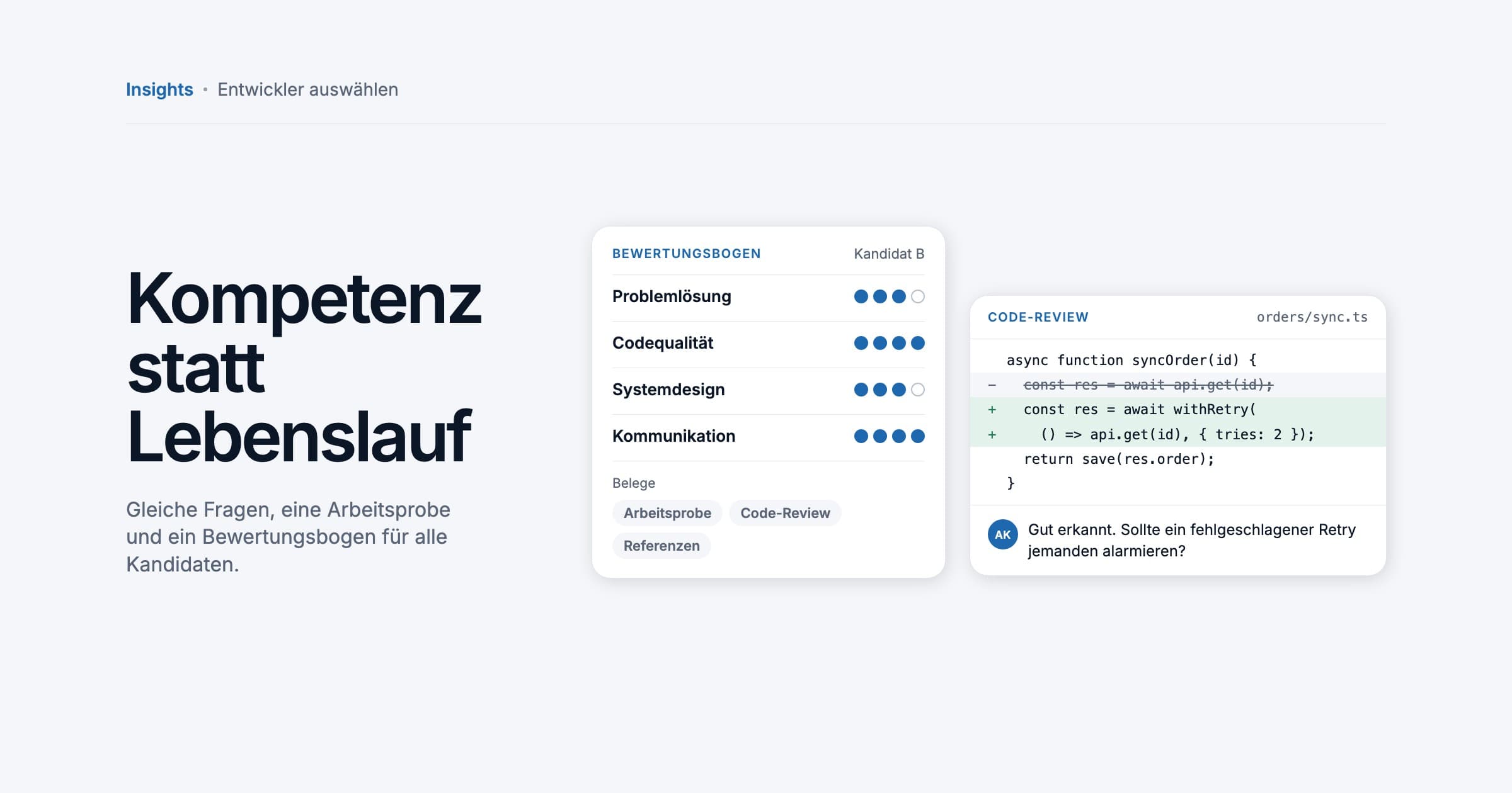A hiring scorecard rating problem solving, code quality, system design and communication beside a code review with a reviewer's comment, illustration.