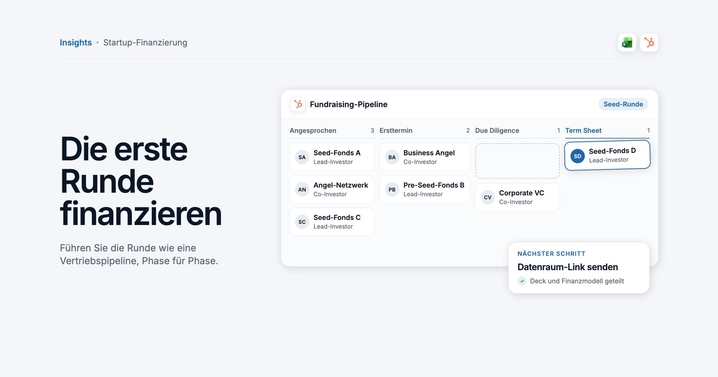 A fundraising pipeline board with the stages contacted, first meeting, due diligence and term sheet, one investor card moving into term sheet, and a next step card to send the data room link, illustration.