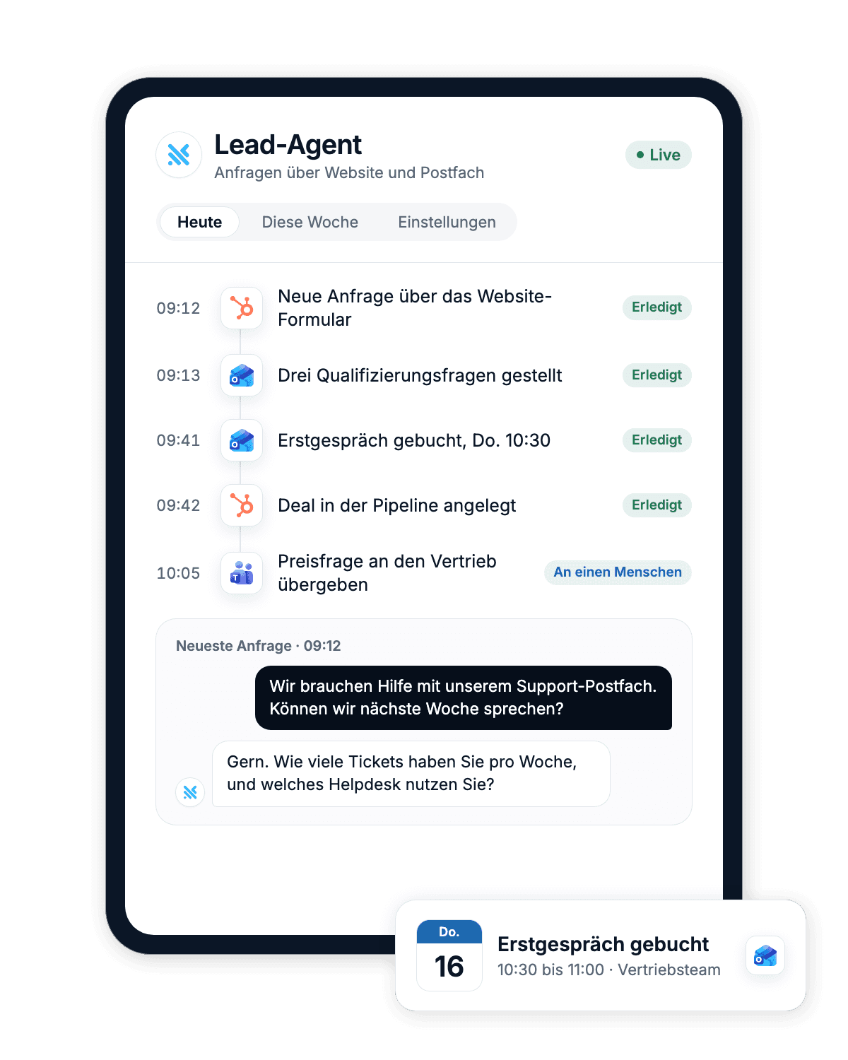 A lead agent's activity on a tablet: an enquiry from HubSpot, qualifying questions, an intro call booked in Outlook and a pricing question sent to sales