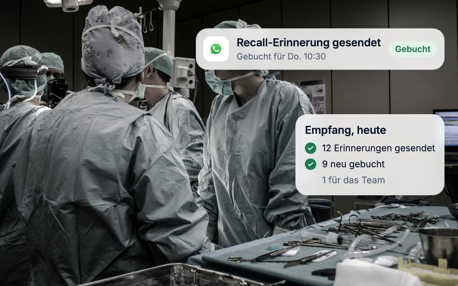 A surgical team at work while patient recalls and bookings run in the background