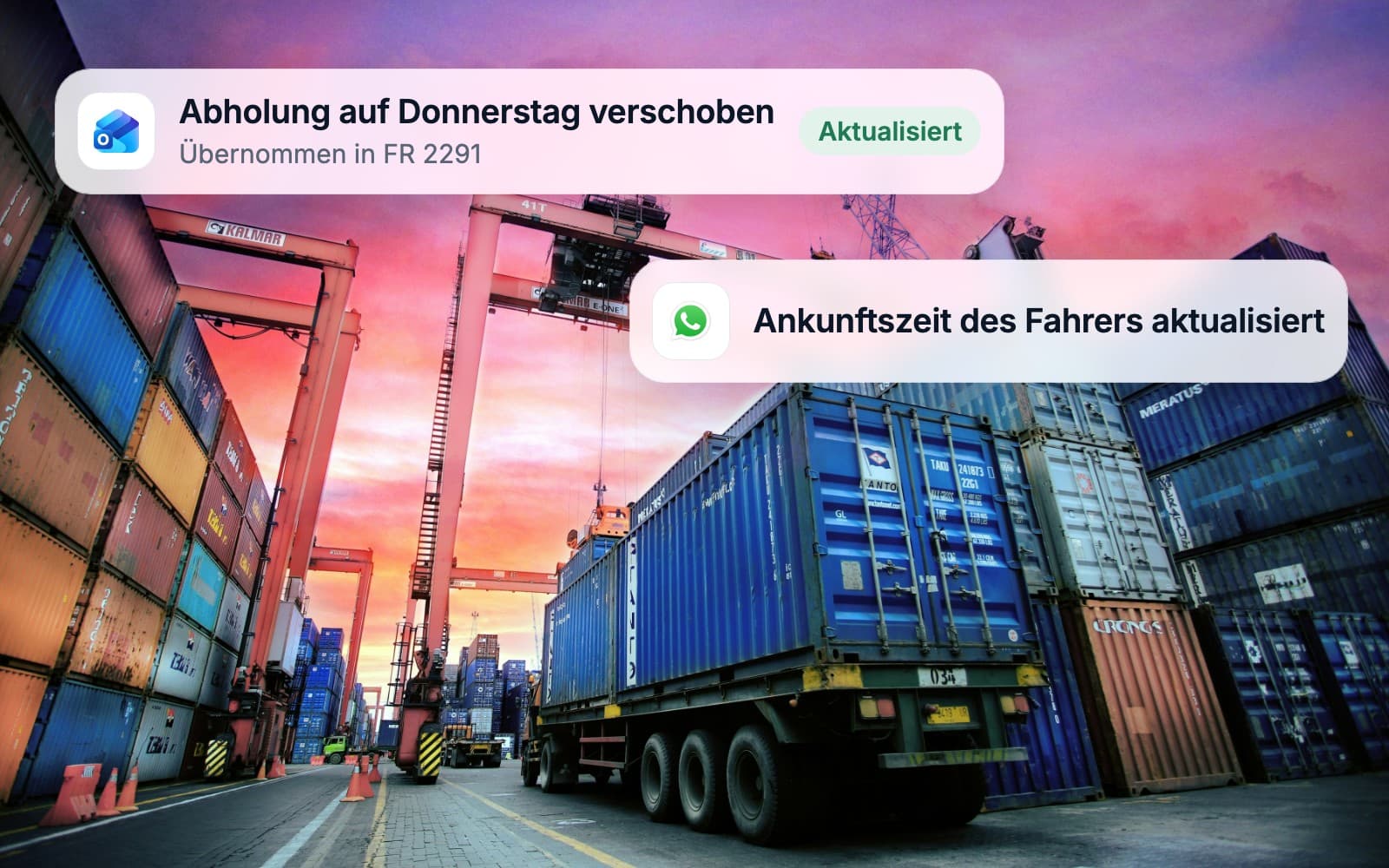A container port at sunset while booking changes flow into the system