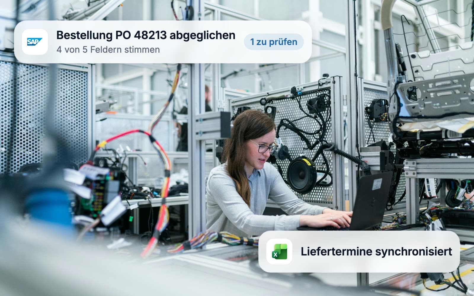An engineer at a laptop in a robotics lab while an order is matched in SAP