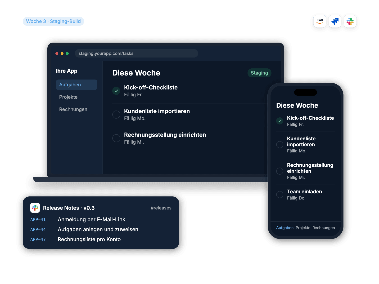 A week-three staging build open on a laptop and a phone, with that week's release notes posted in Slack.