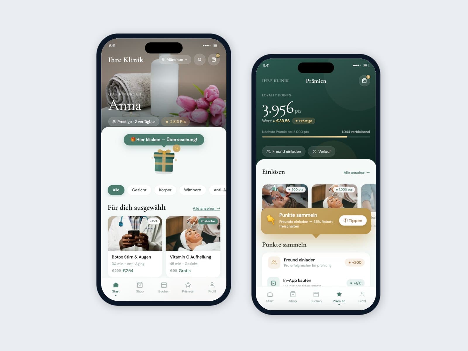 Two phones showing the Beauty Circle app home screen and its rewards screen