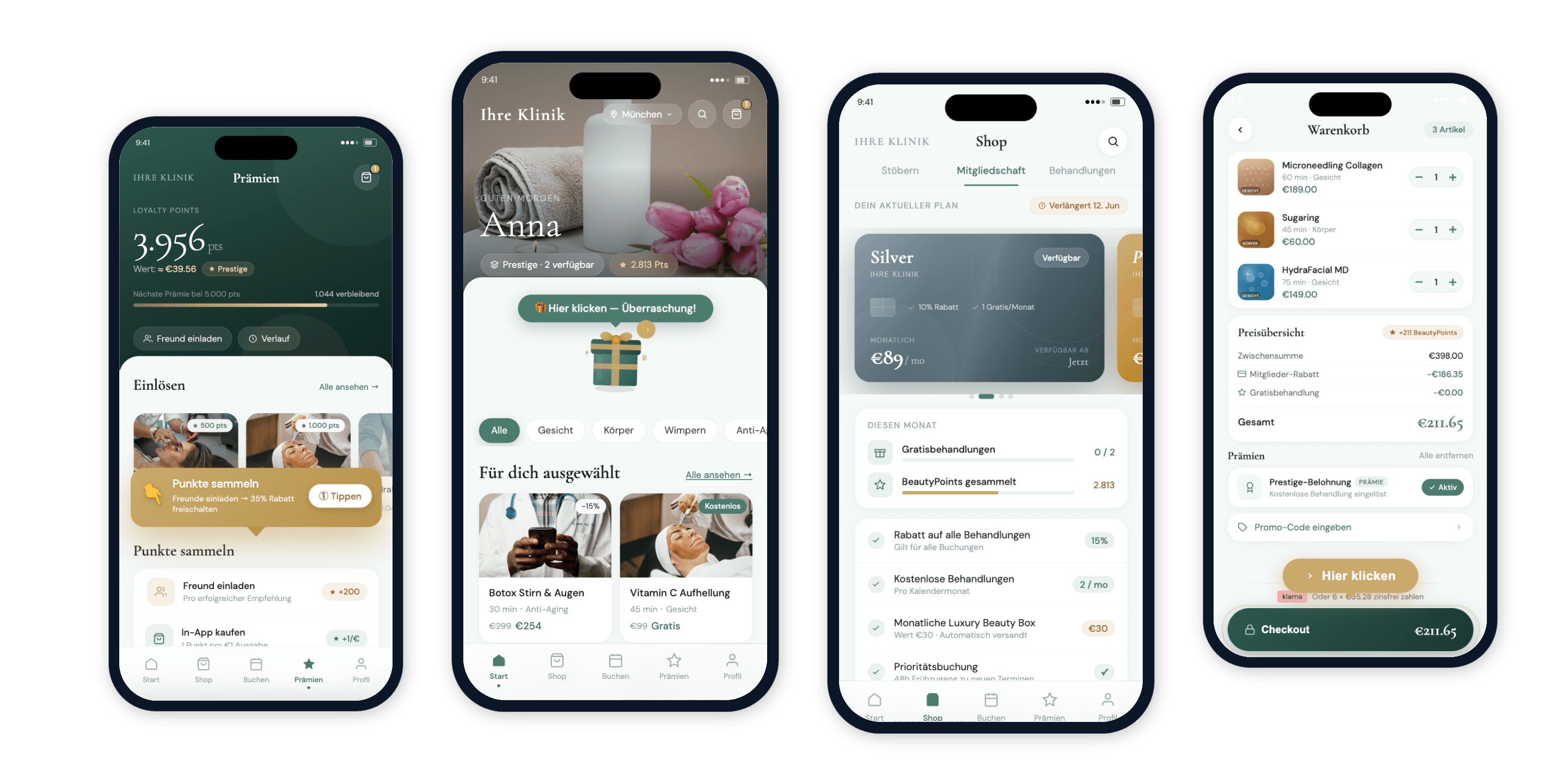 Four phones showing the Beauty Circle app: home with offers, rewards, membership plans and the cart