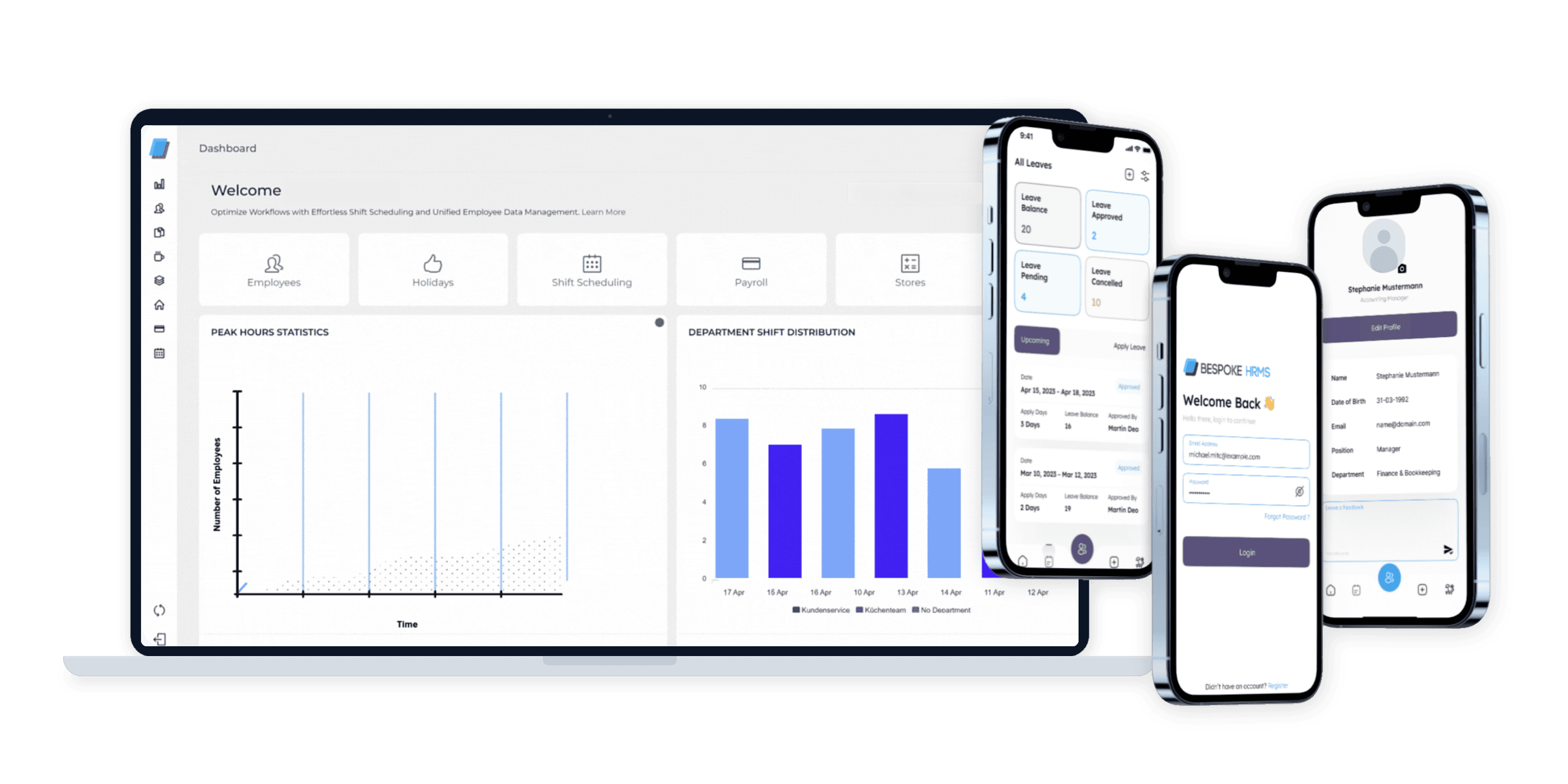The Bespoke HRMS dashboard on a laptop beside three phones running the employee app