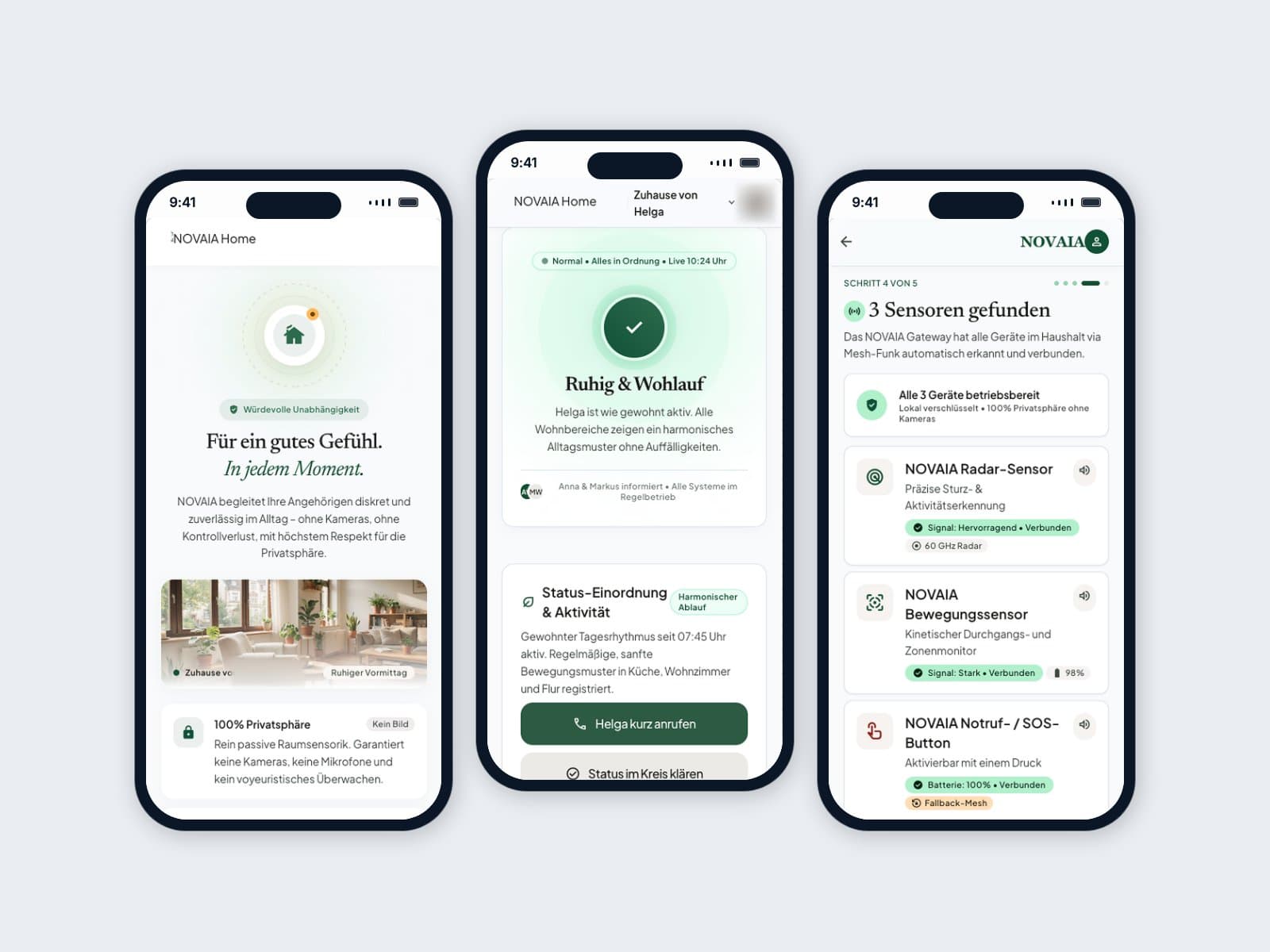 Three phones showing the Novaia Home welcome, status and sensor screens