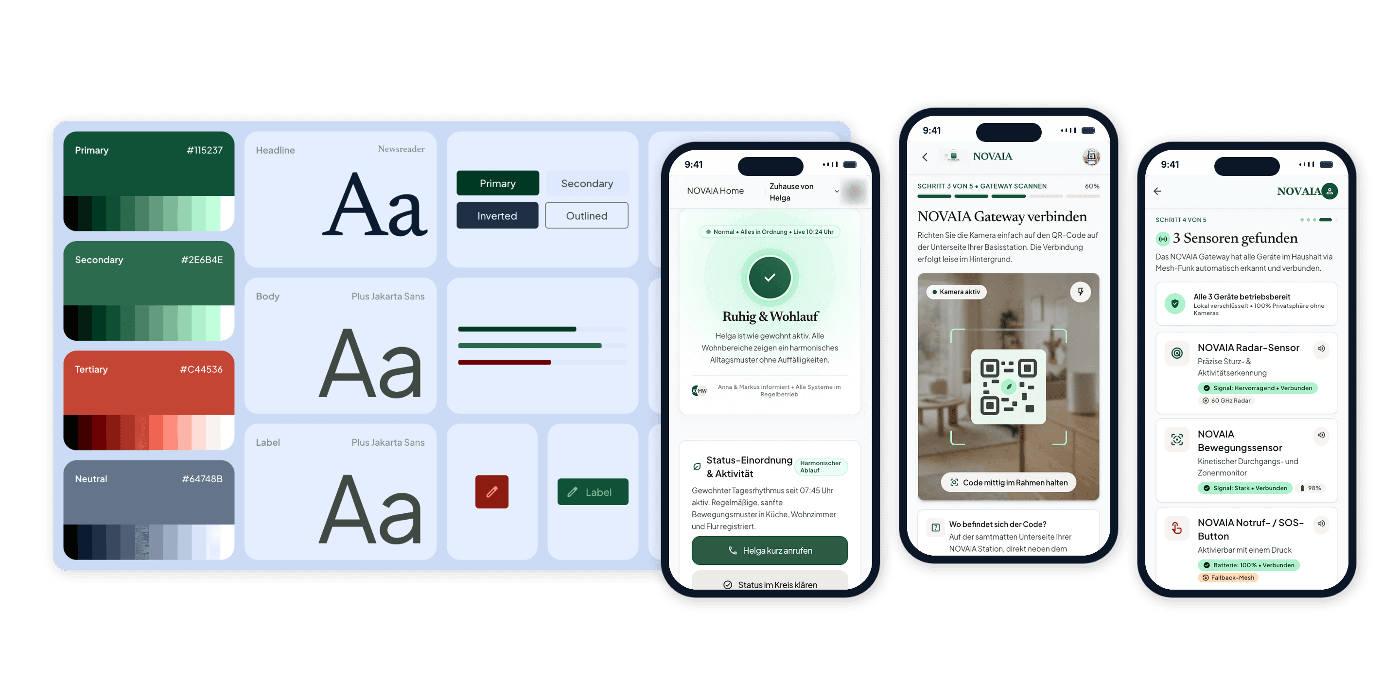The Novaia Home design system board behind three phones showing the status, setup and sensor screens