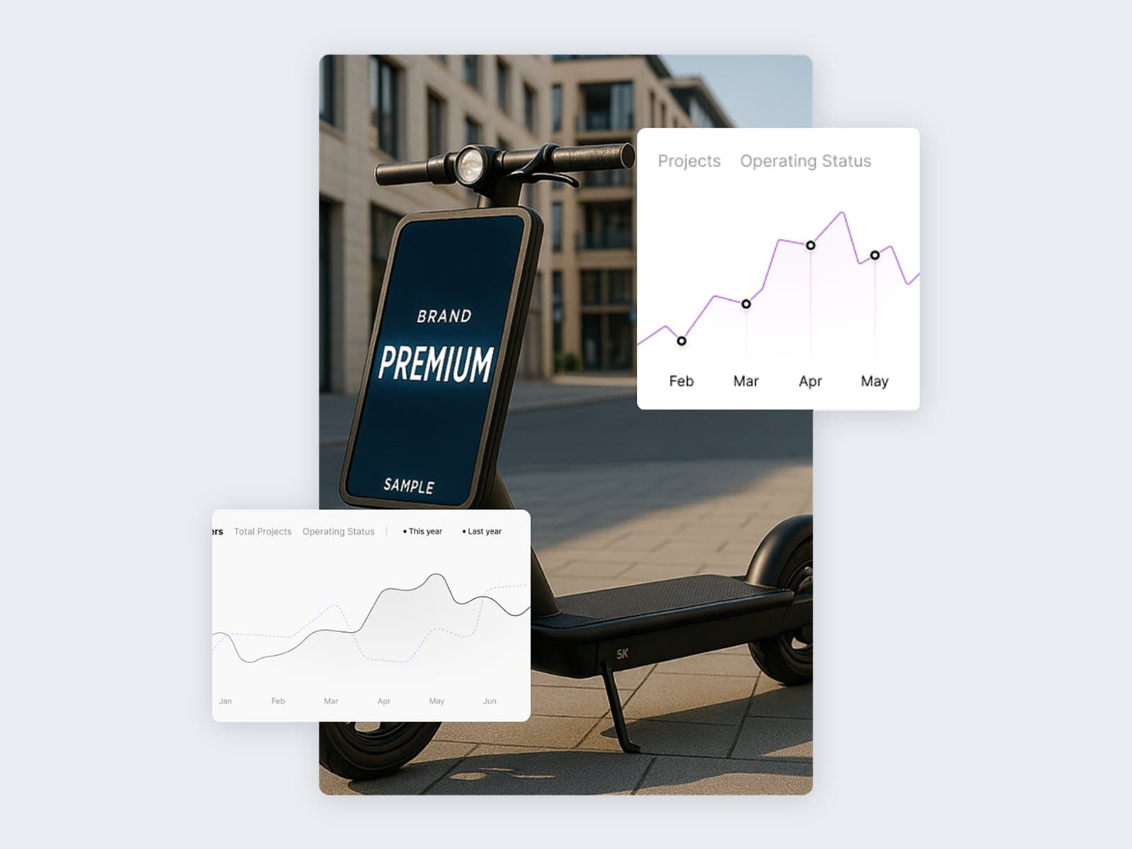 A SparkDrive e-scooter with an LED ad panel and analytics cards