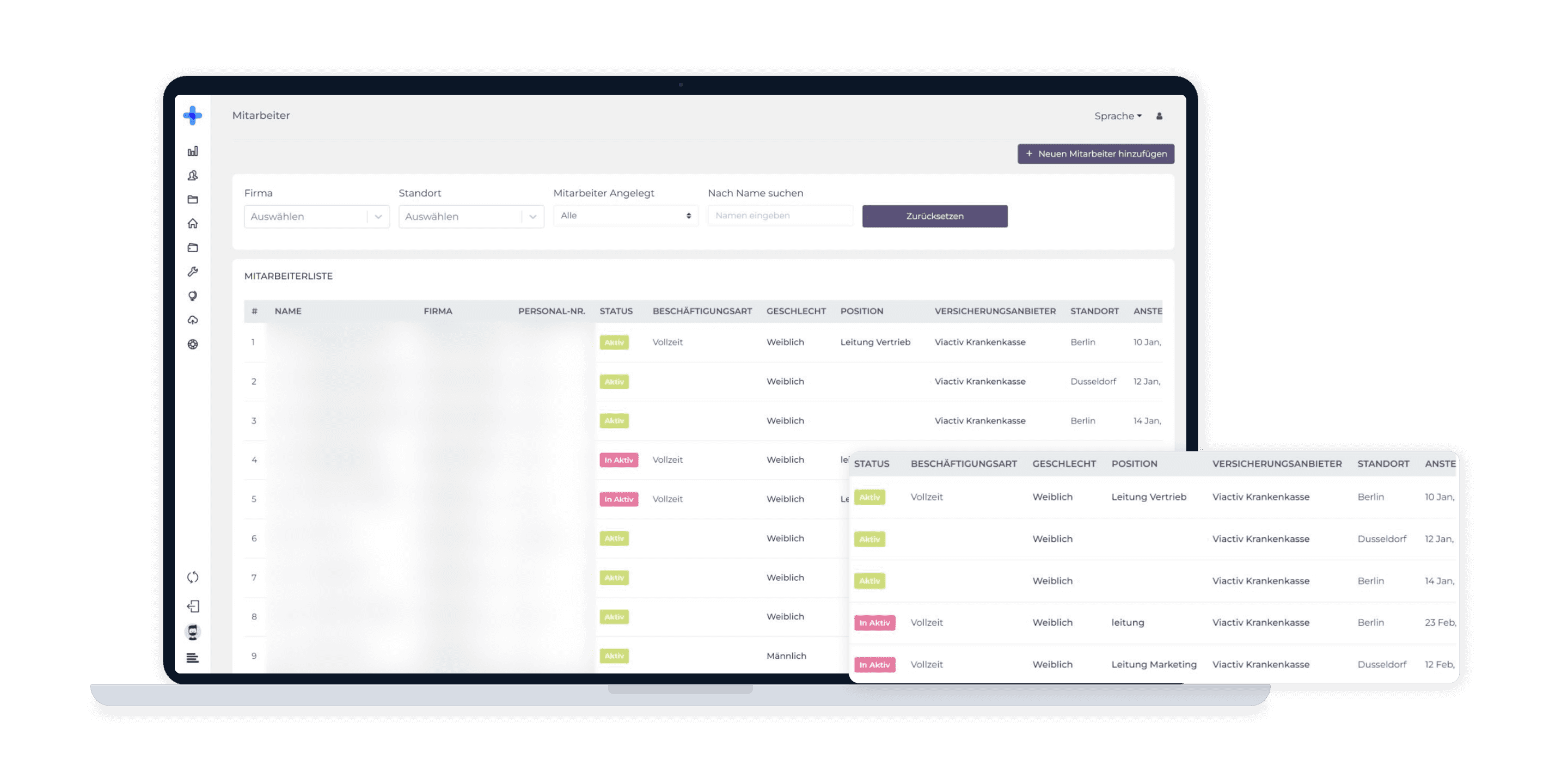 The VIACTIV member administration portal on a laptop, with the status and insurer columns of its member list enlarged in front