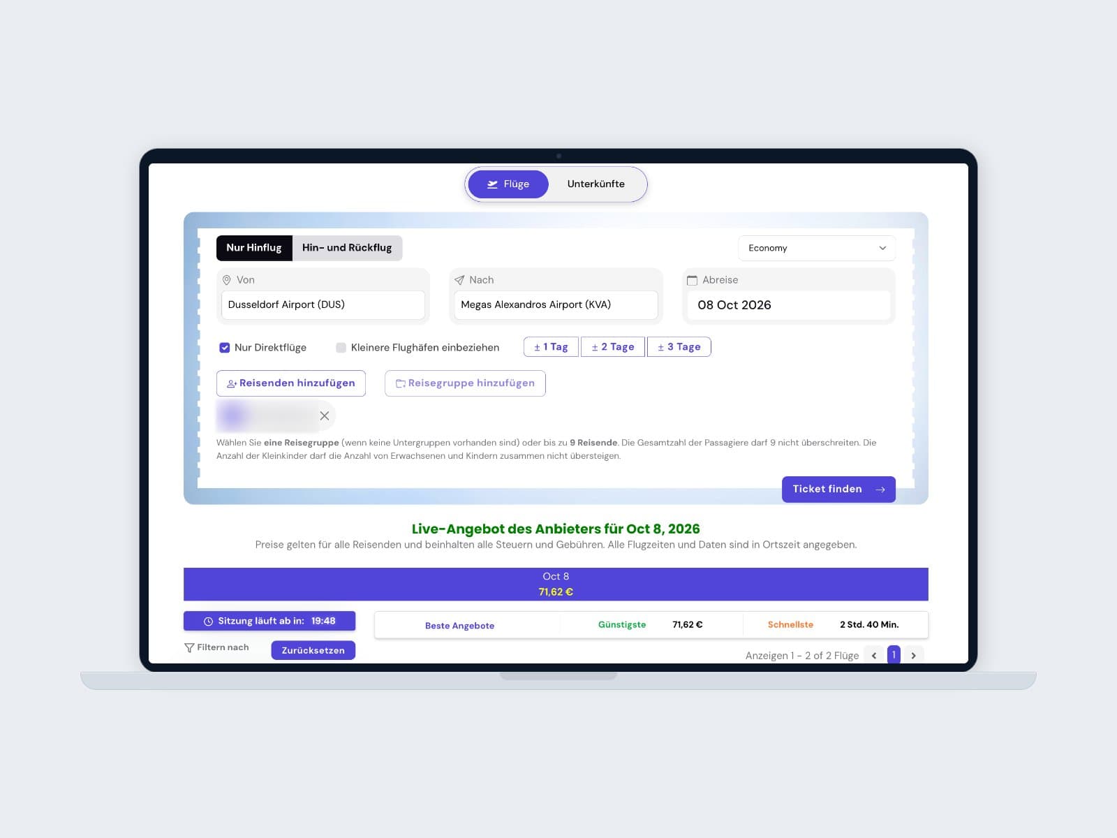 The Zeitgeist flight search with live fares on a laptop