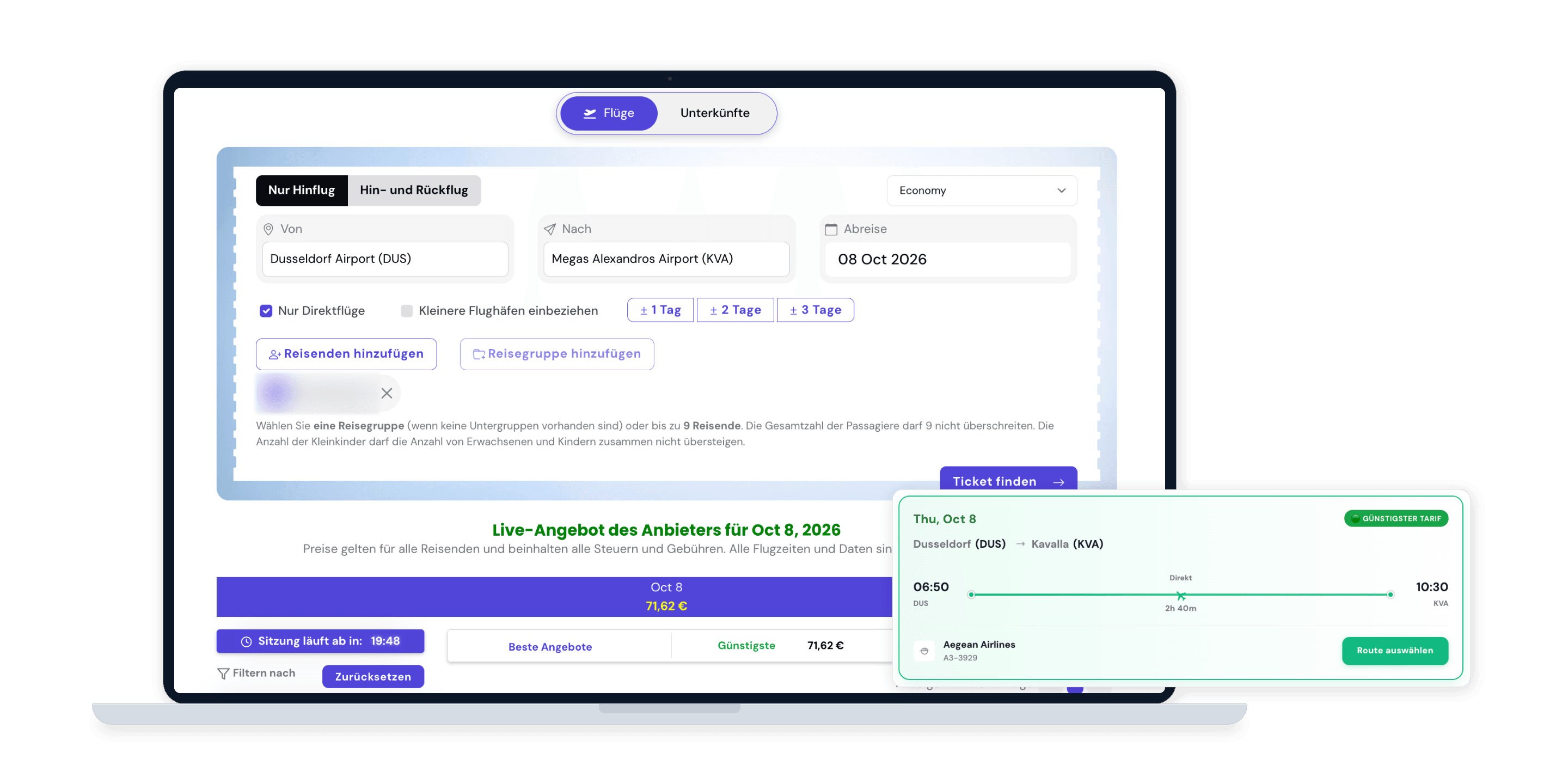 The Zeitgeist flight search with live fares on a laptop, with a recommended route card in front of it