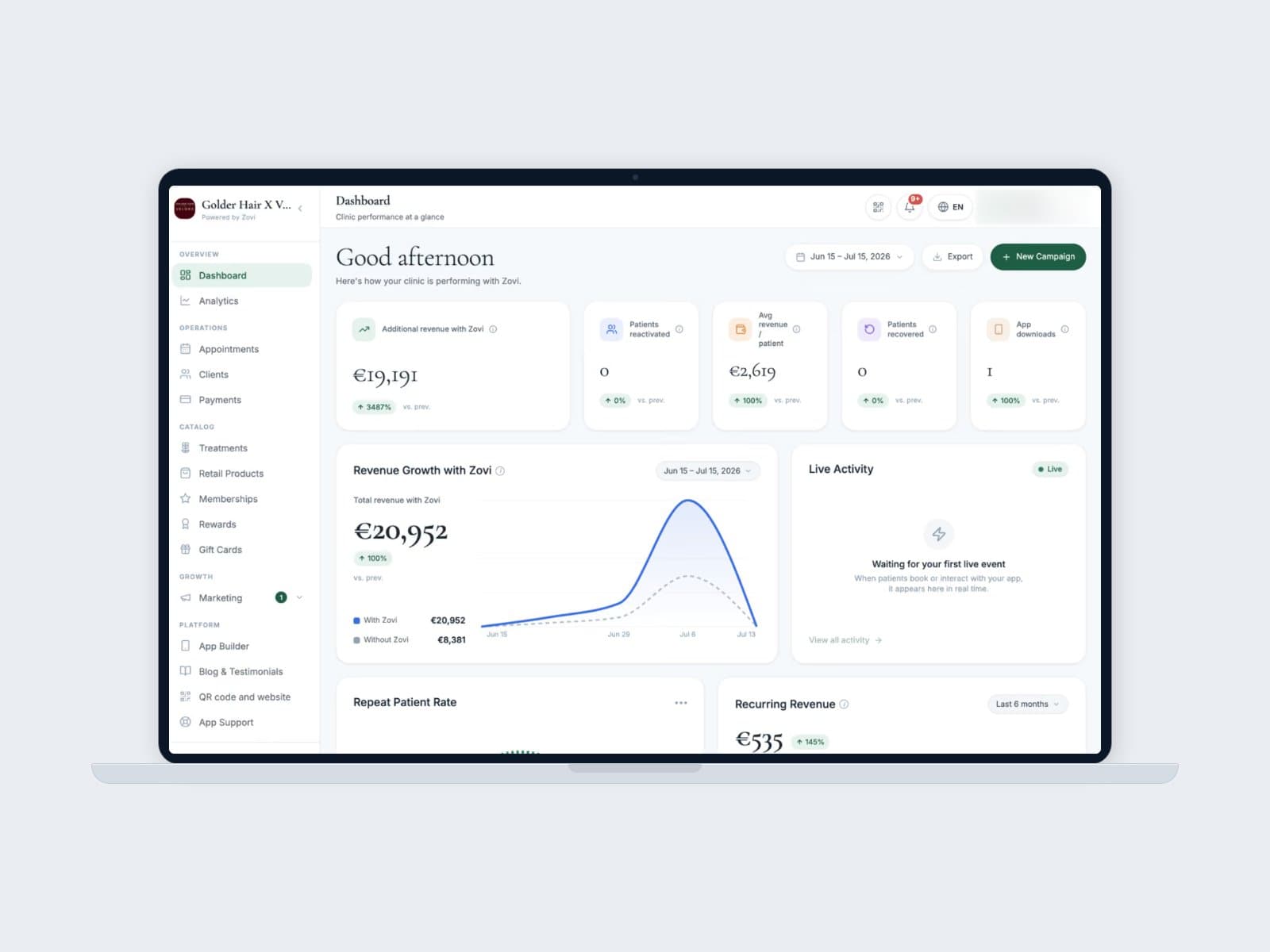 The Zovi OS clinic dashboard on a laptop