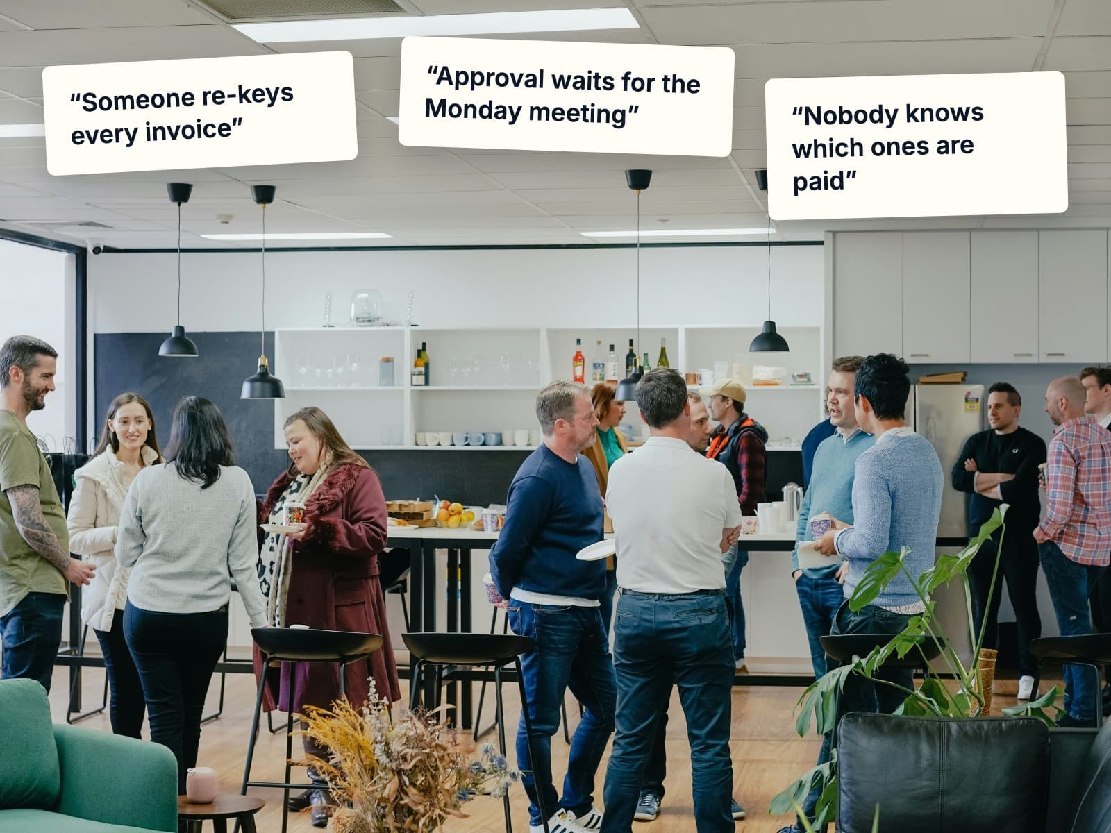 A team talking in the office kitchen, their process written in their own words