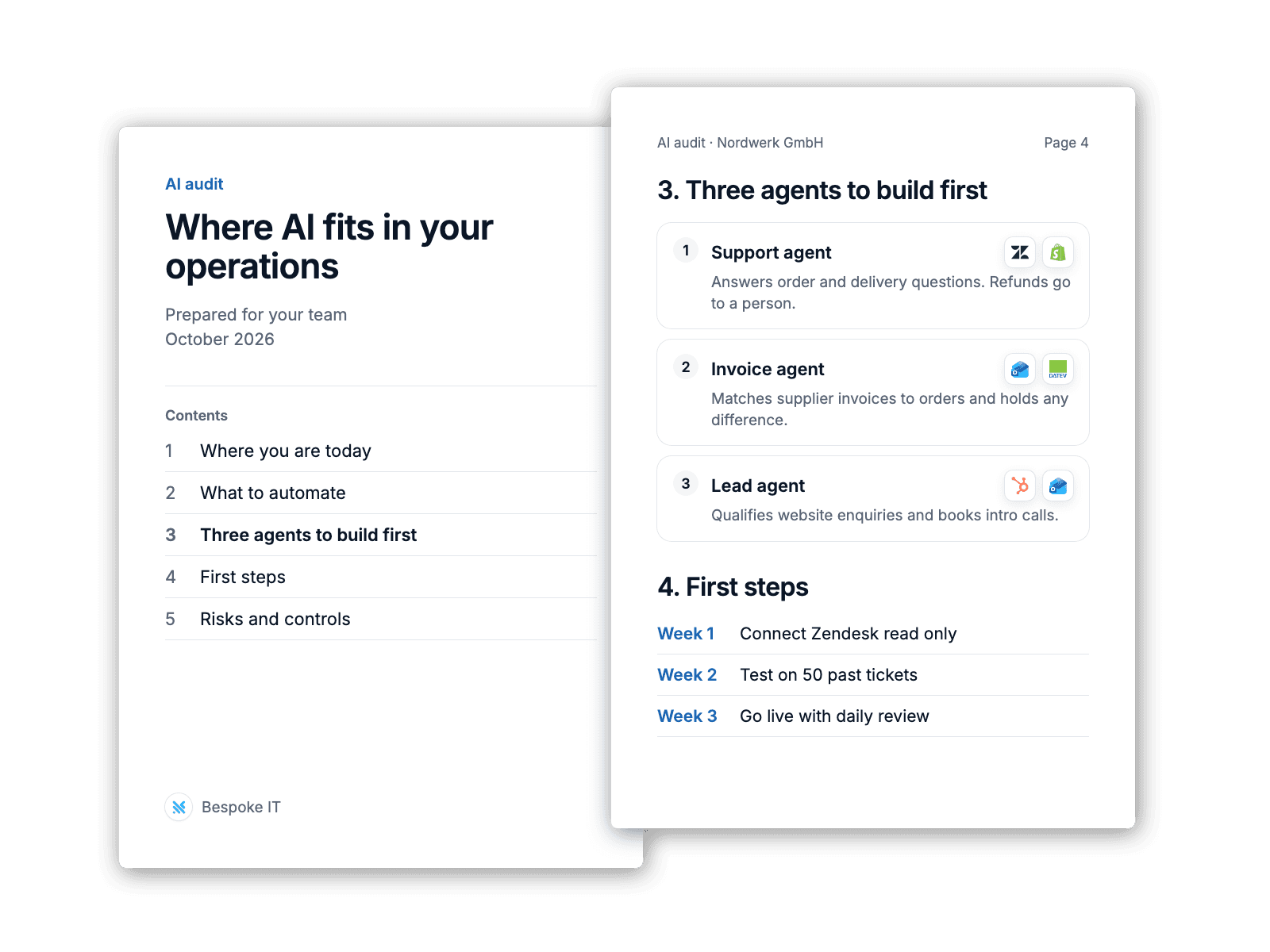 Two pages of a sample written AI audit: the cover with its contents, and a page naming the three agents to build first and the first steps