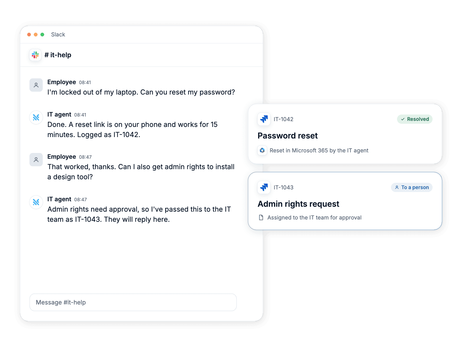 An IT helpdesk chat in Slack where a password reset is resolved and logged in Jira, and an admin rights request is routed to the IT team