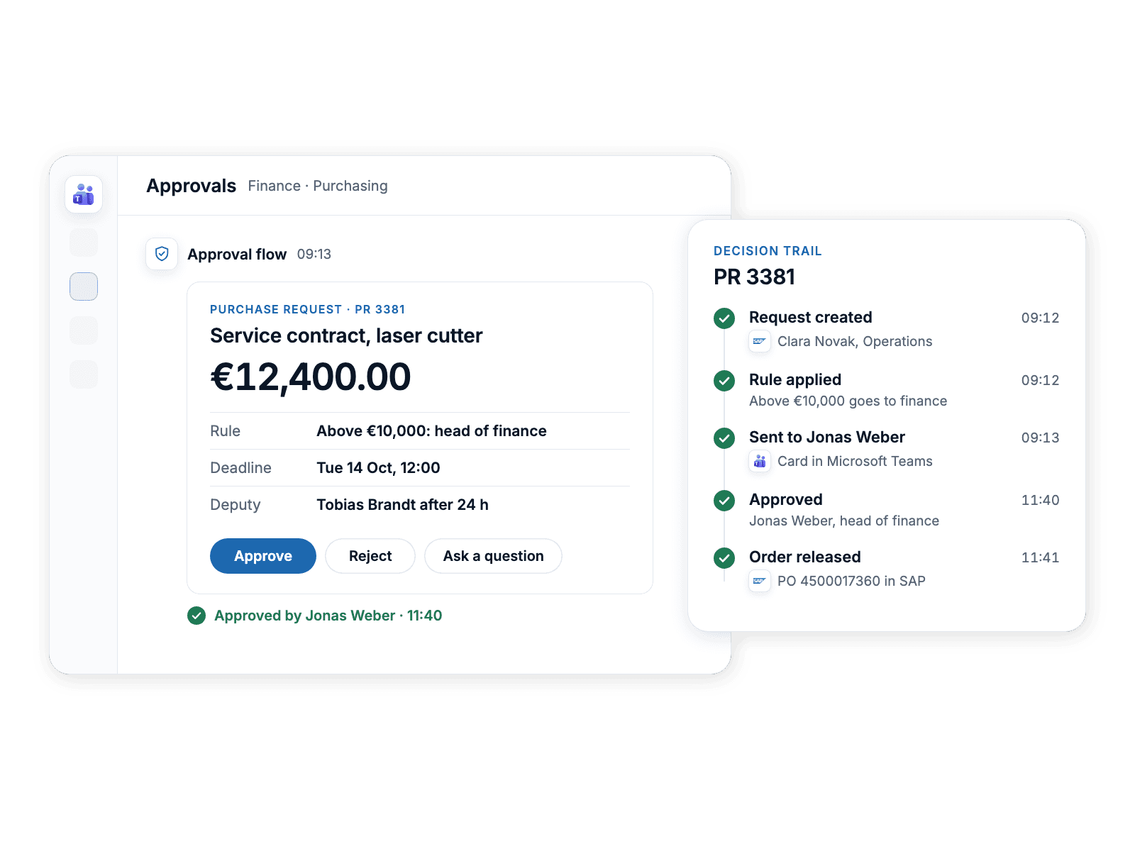 A purchase approval card in Microsoft Teams showing amount, rule, deadline and deputy, with the logged decision trail beside it.