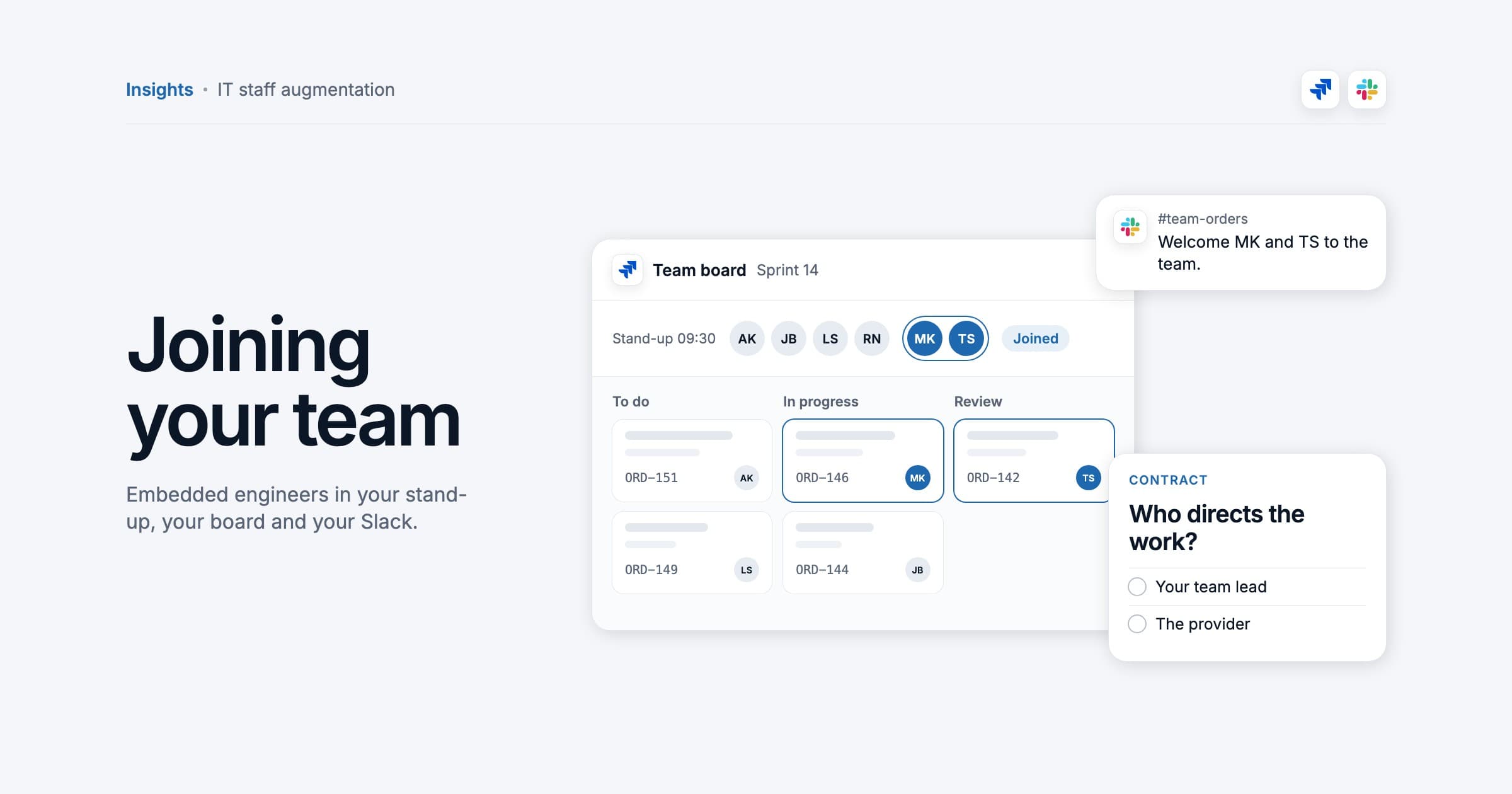A team board and stand-up in Jira with two embedded engineers shown by initials joining an existing team, a Slack welcome message and a contract card asking who directs the work, illustration.