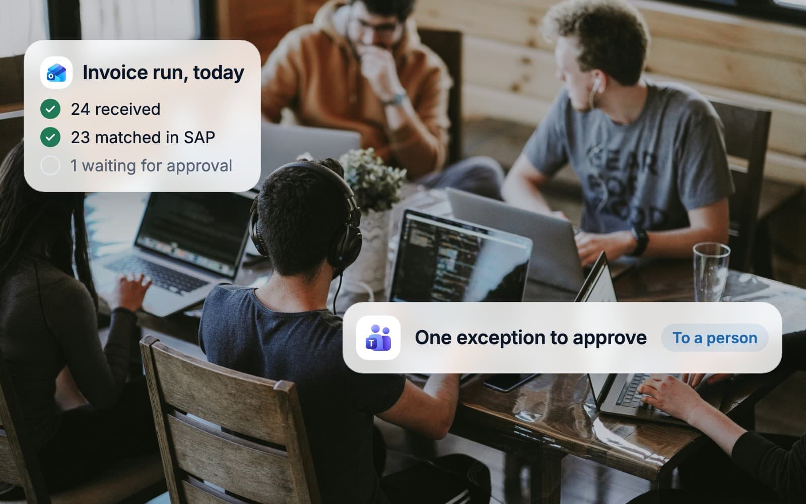 A team at laptops while invoices flow from Outlook into SAP and one exception waits for approval in Teams